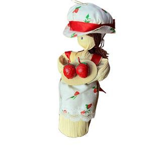 Corn Husk Vintage Doll with Hat Strawberry Shortcake Brown Yarn Hair 6"‎